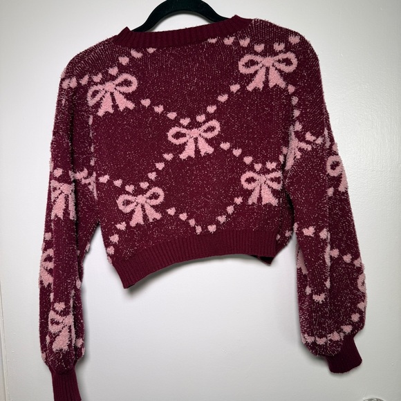Altar'd State Women's Burgundy and Pink Bow Sweater Coquette Medium Cropped - Picture 7 of 7